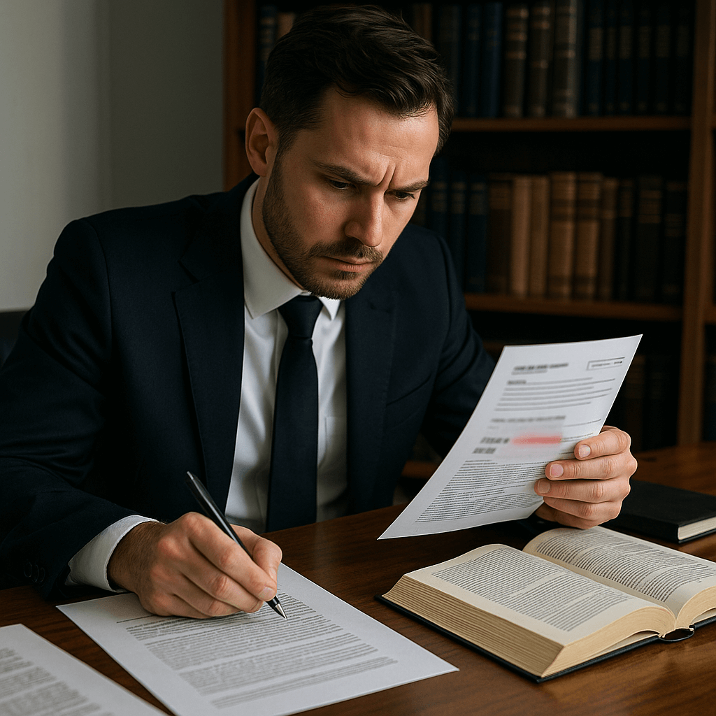 Abogado revisando los documentos de un caso