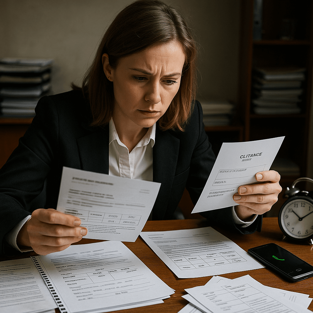 Abogada revisando documentos con urgencia