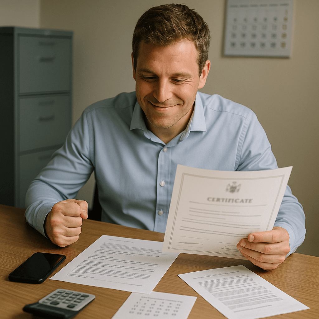 Hombre feliz con documentos en la mano